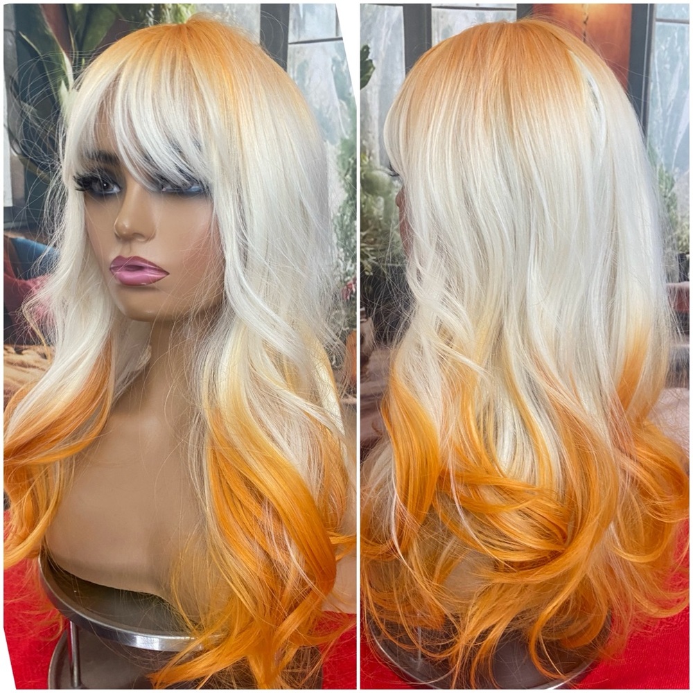 Stylish Two-Tone Blonde to Orange Long Wavy Women's Wig with Bangs